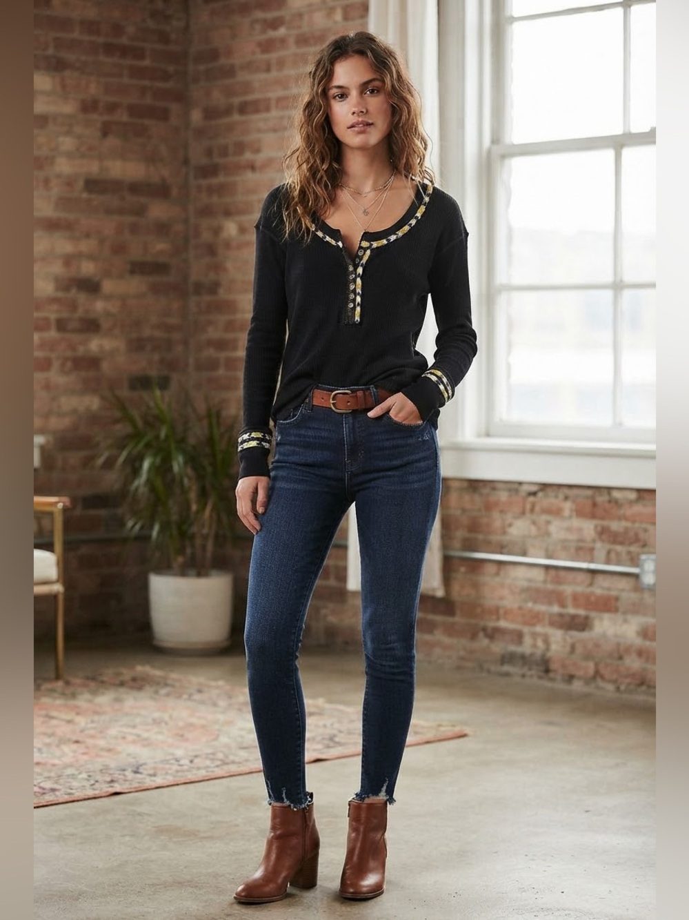 Free People Black Long Sleeve Waffle Henley size medium